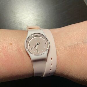 Genuine Swatch watch LP151 with soft pink silicone double twist wristband